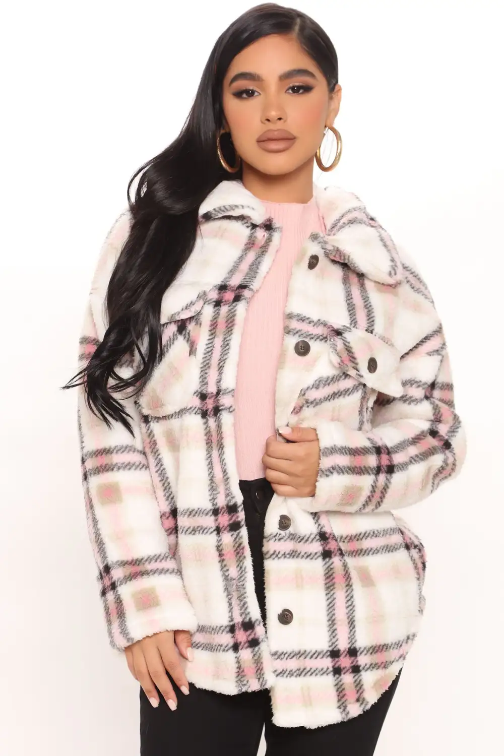 Shirt Jacket Sherpa Shacket - Pink/combo-Aldronix