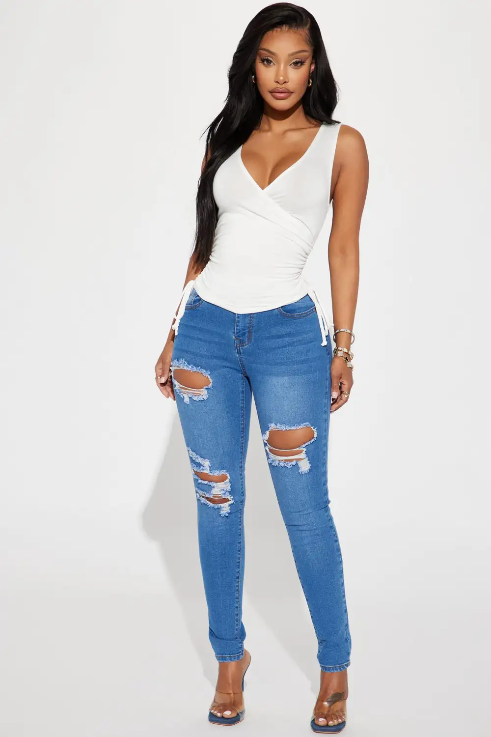 Molly Mid Rise Ripped Stretch Skinny Jeans - Medium Wash-Aldronix
