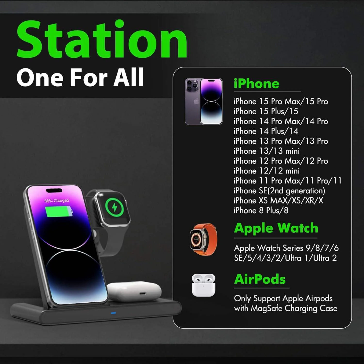 3 IN 1 Wireless Fast Charger Stand For iphone Watch And Airpod-Aldronix