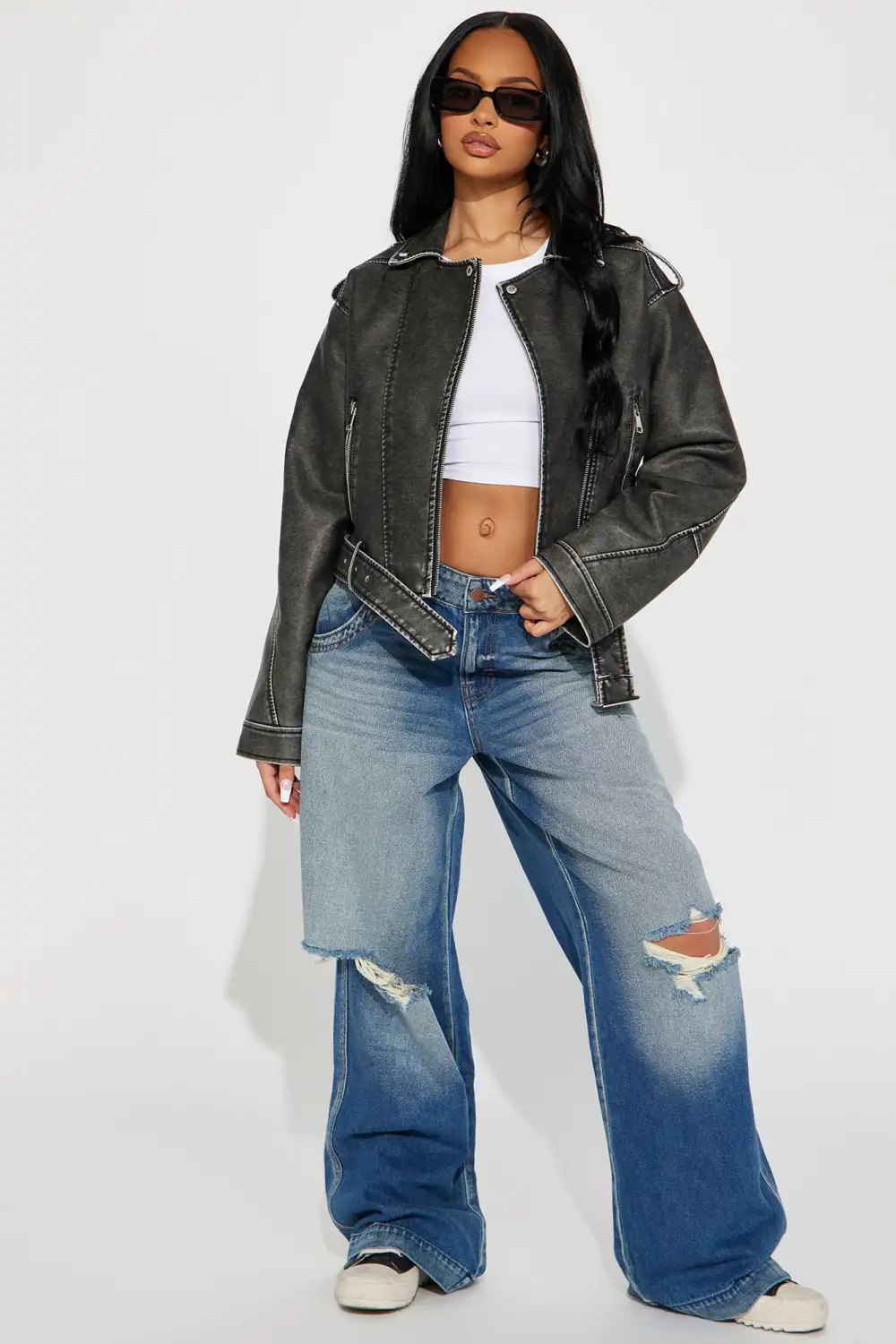 My Time Washed Faux Leather Moto Jacket - Charcoal-Aldronix