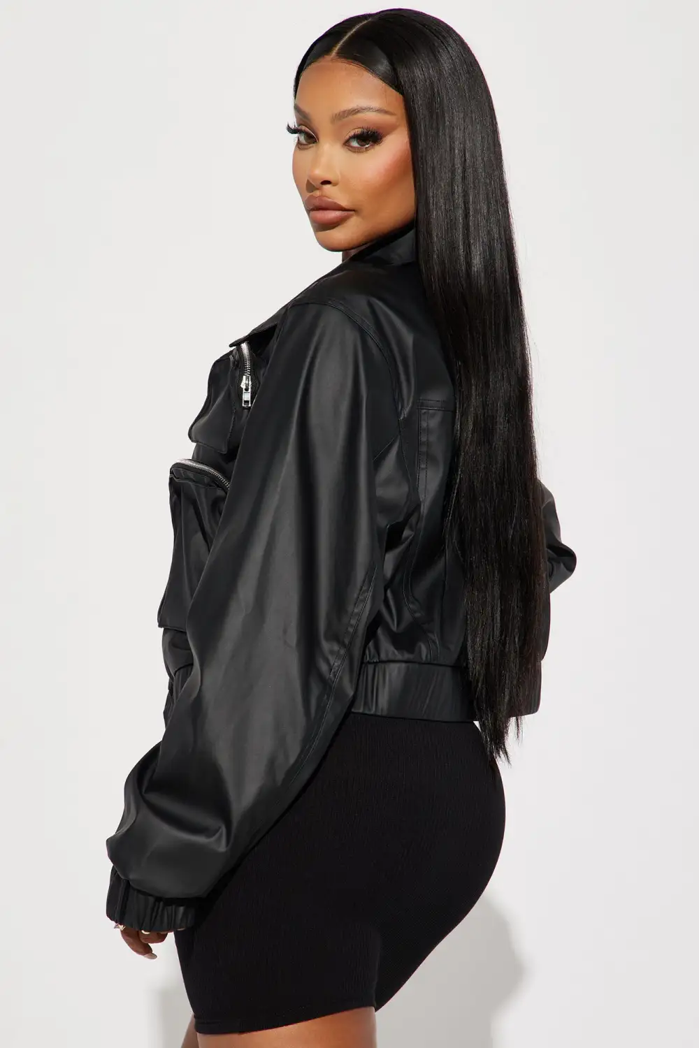 Fair And Square Faux Leather Bomber Jacket - Black-Aldronix