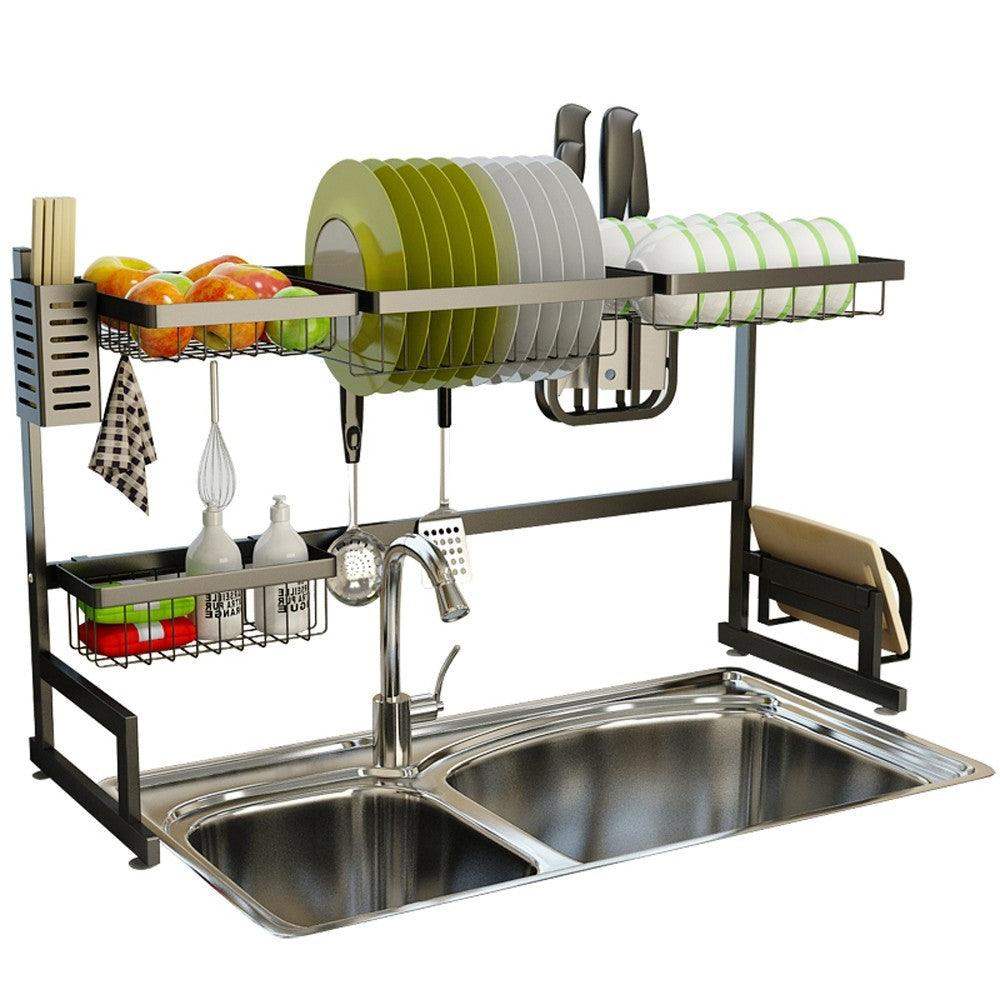 34.6" Stainless Steel Black Dish Drying Rack Over Kitchen Sink, Dishes and Utensils Draining Shelf-Aldronix