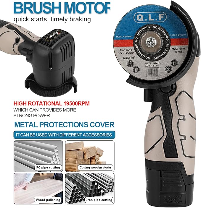 Cordless Brush Angle Grinder Kit, 19500rpm Mini Electric Angle Grinding Tool with 2pcs 16.8V 2000mAh Batteries and 5-Cutting Discs, Grinder Handheld Cutter for Metal Wood-Aldronix