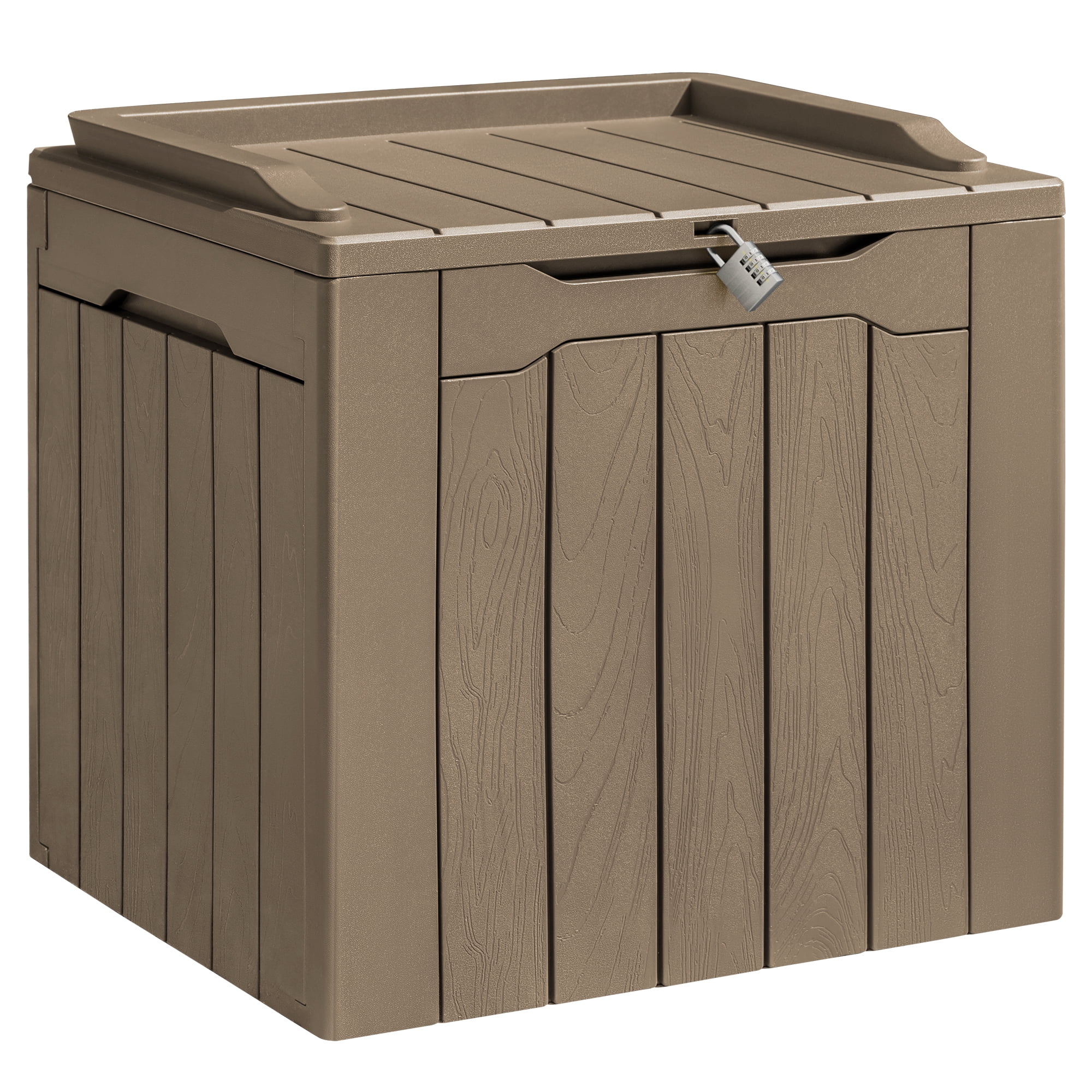 31 Gallon Outdoor Deck Box In Resin with Seat, Light Coffee-Aldronix