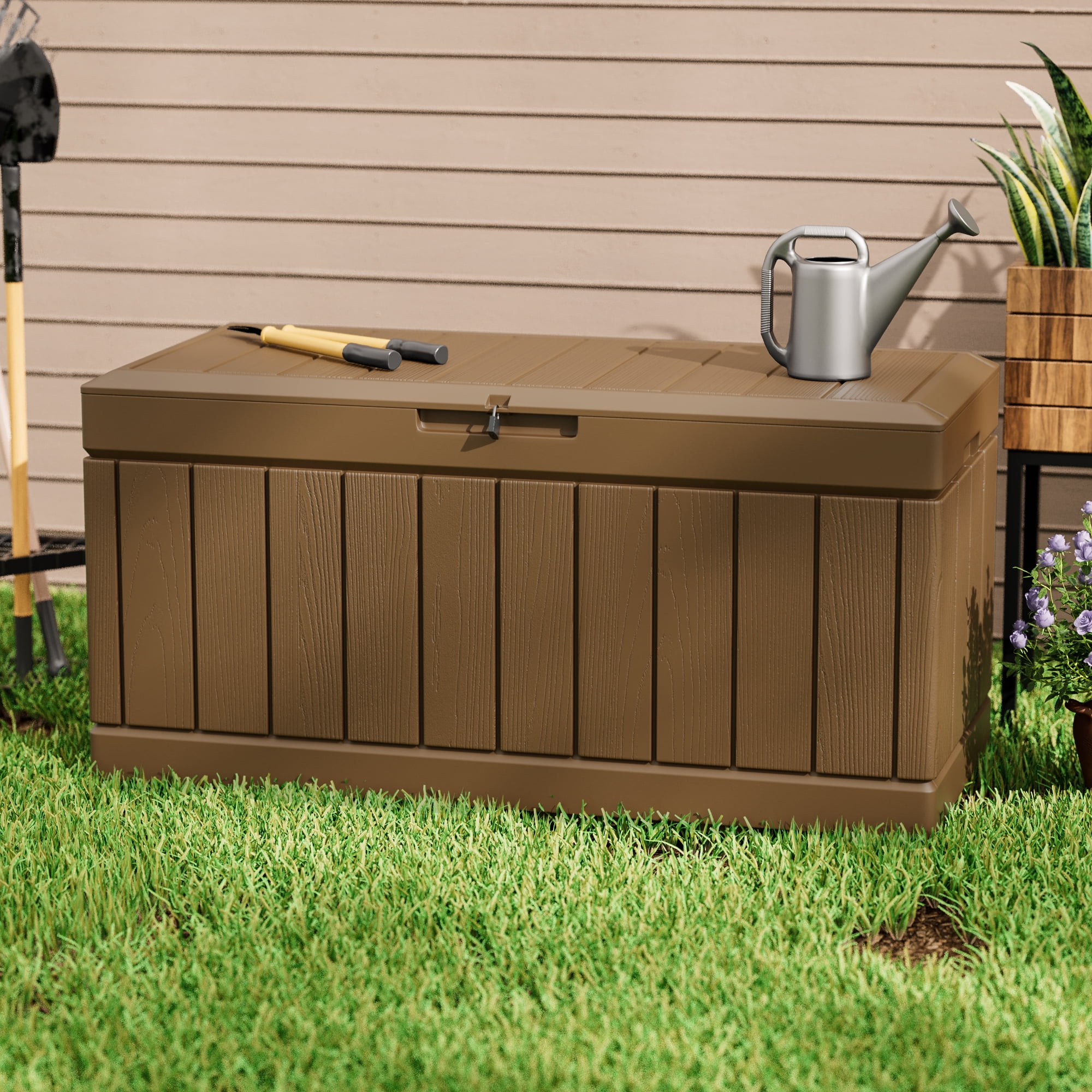 82 Gallon Outdoor Storage in Resin Deck Box 45.66in Width Lockable Deck Box, Black-Aldronix