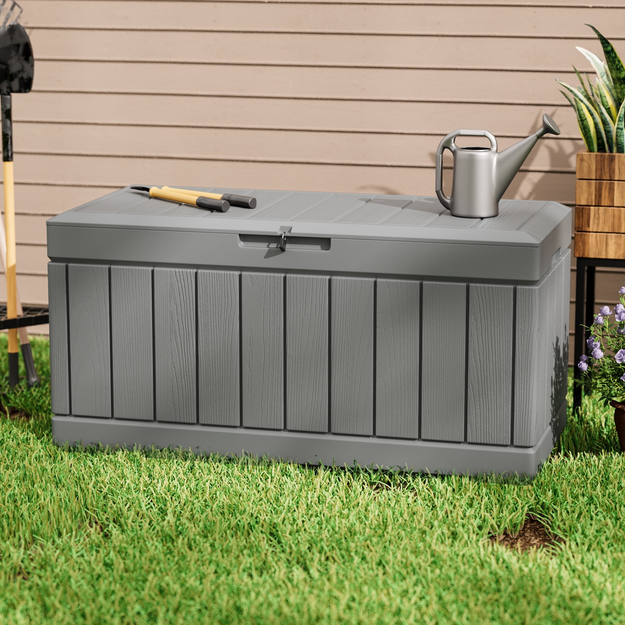 82 Gallon Outdoor Storage in Resin Deck Box 45.66in Width Lockable Deck Box, Black-Aldronix