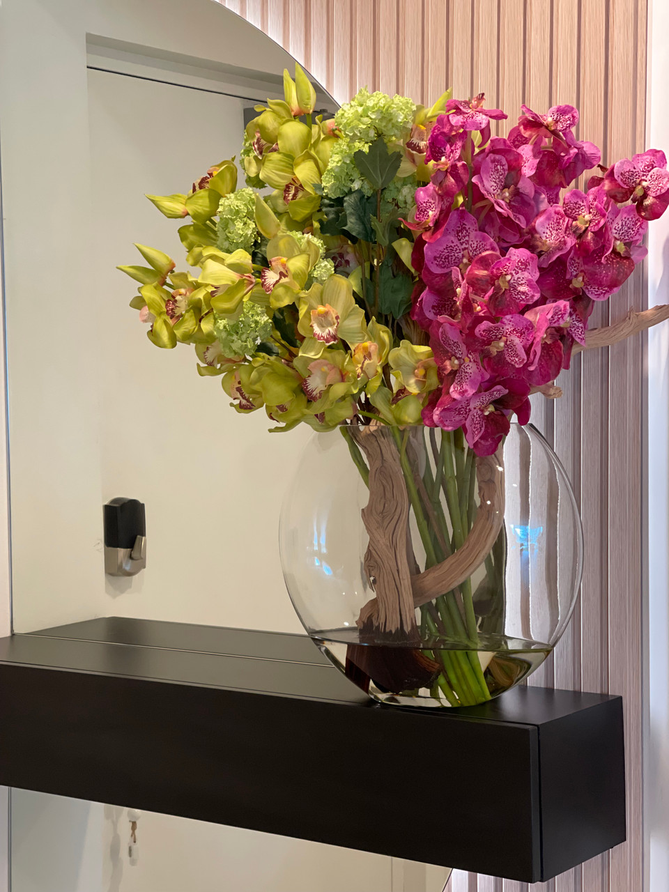 Moon Vase with Green Snowball Hydrangeas, Green Cymbidiums and Fuchsia Vanda Orchids-Aldronix