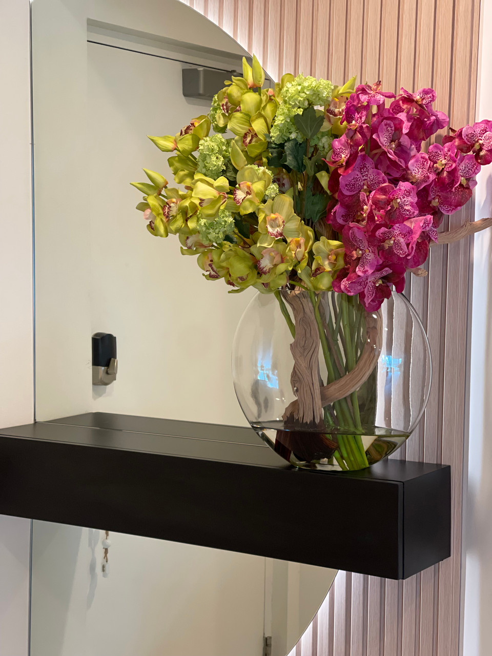 Moon Vase with Green Snowball Hydrangeas, Green Cymbidiums and Fuchsia Vanda Orchids-Aldronix