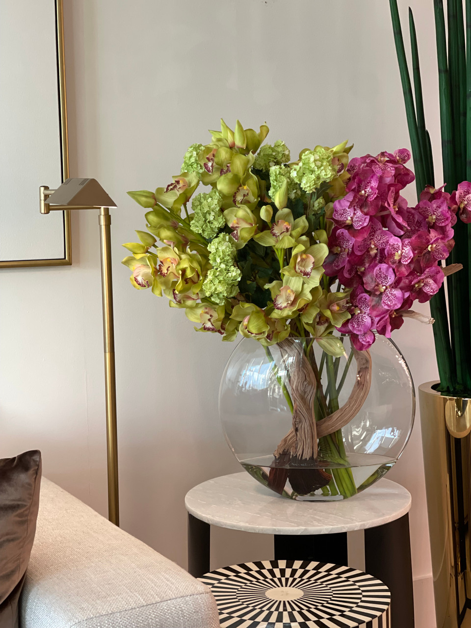 Moon Vase with Green Snowball Hydrangeas, Green Cymbidiums and Fuchsia Vanda Orchids-Aldronix