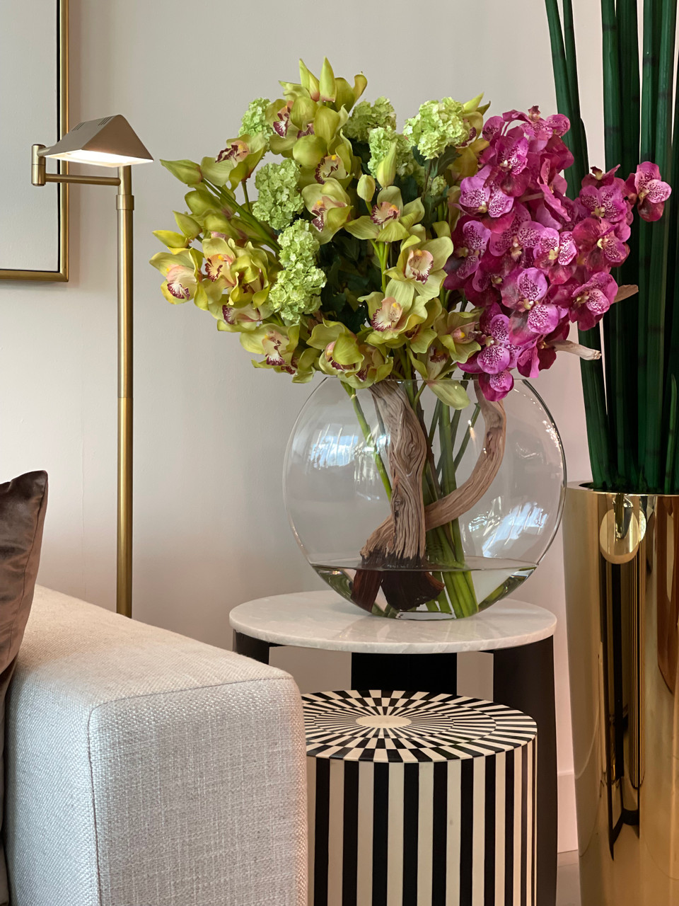 Moon Vase with Green Snowball Hydrangeas, Green Cymbidiums and Fuchsia Vanda Orchids-Aldronix
