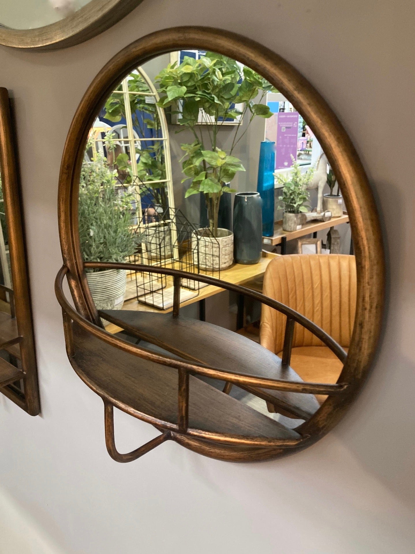 Compact Bronzed Circular Mirror With Shelf-Aldronix