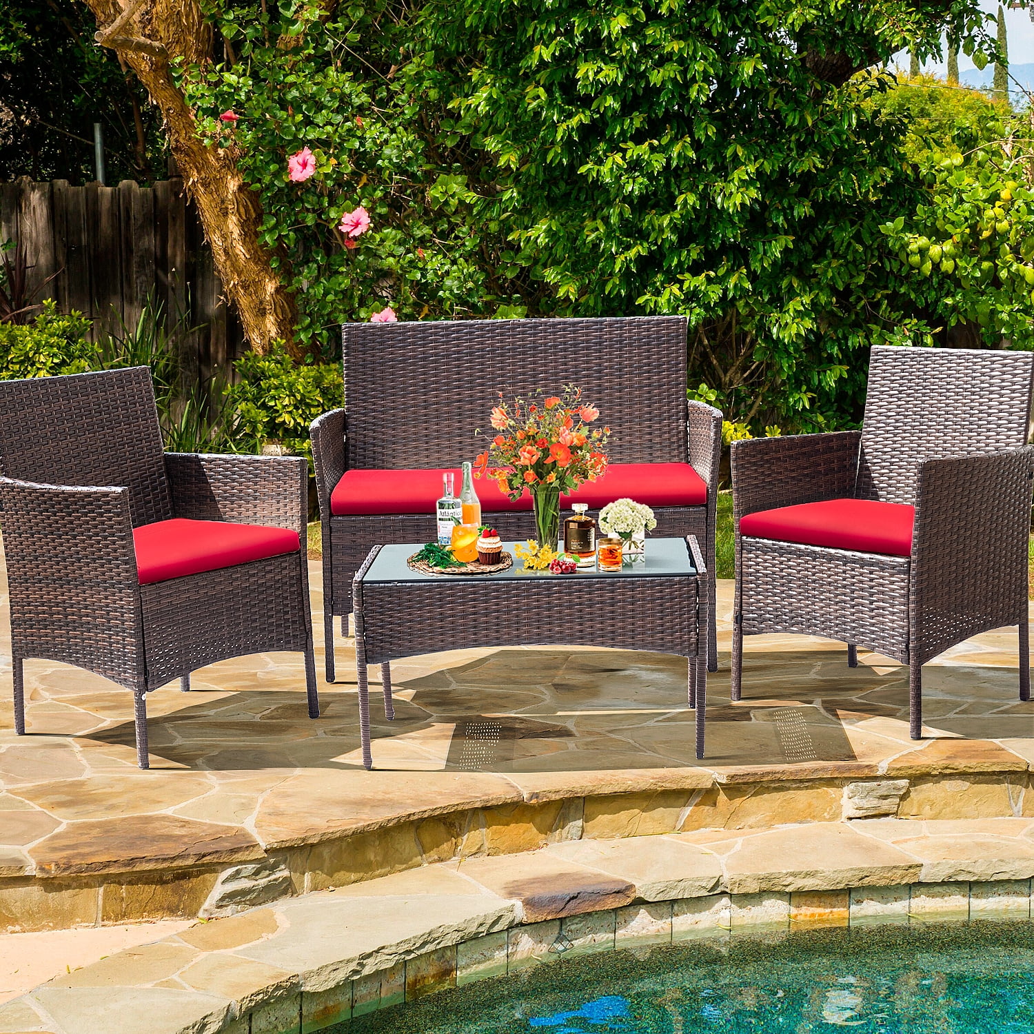 4 Pieces Patio Conversation Set Outdoor PE Rattan Wicker Chairs Set and Table, Brown-Aldronix