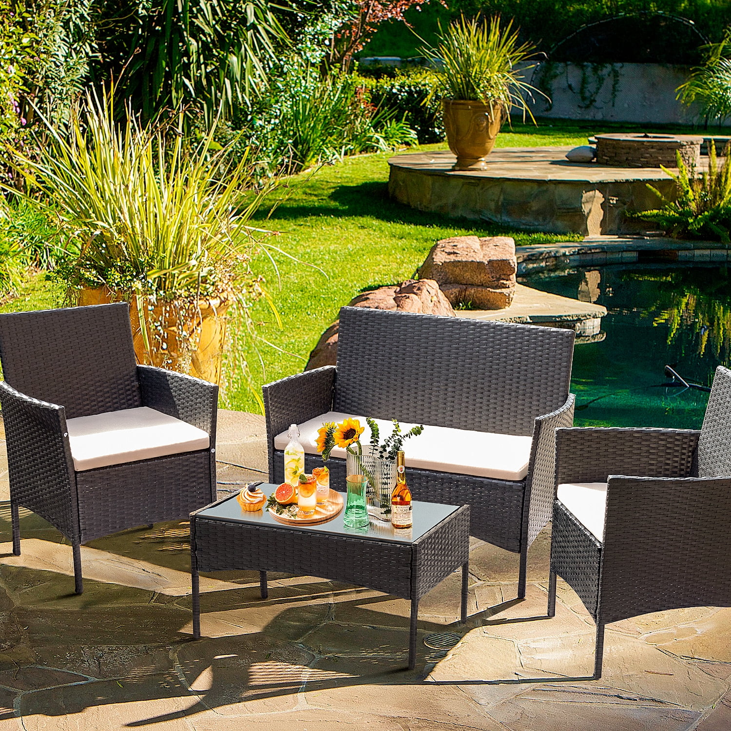 4 Pieces Patio Conversation Set Outdoor PE Rattan Wicker Chairs Set and Table, Brown-Aldronix