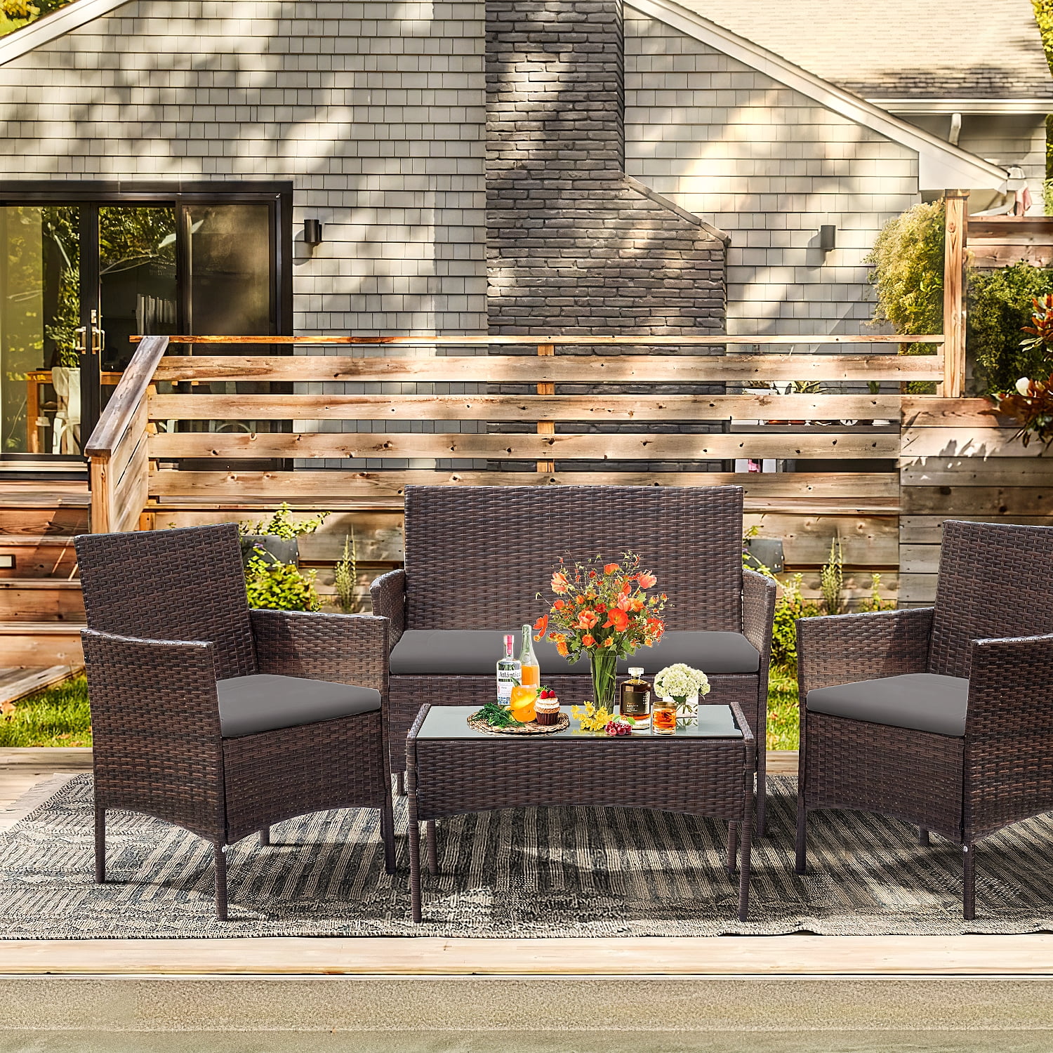 4 Pieces Patio Conversation Set Outdoor PE Rattan Wicker Chairs Set and Table, Brown-Aldronix