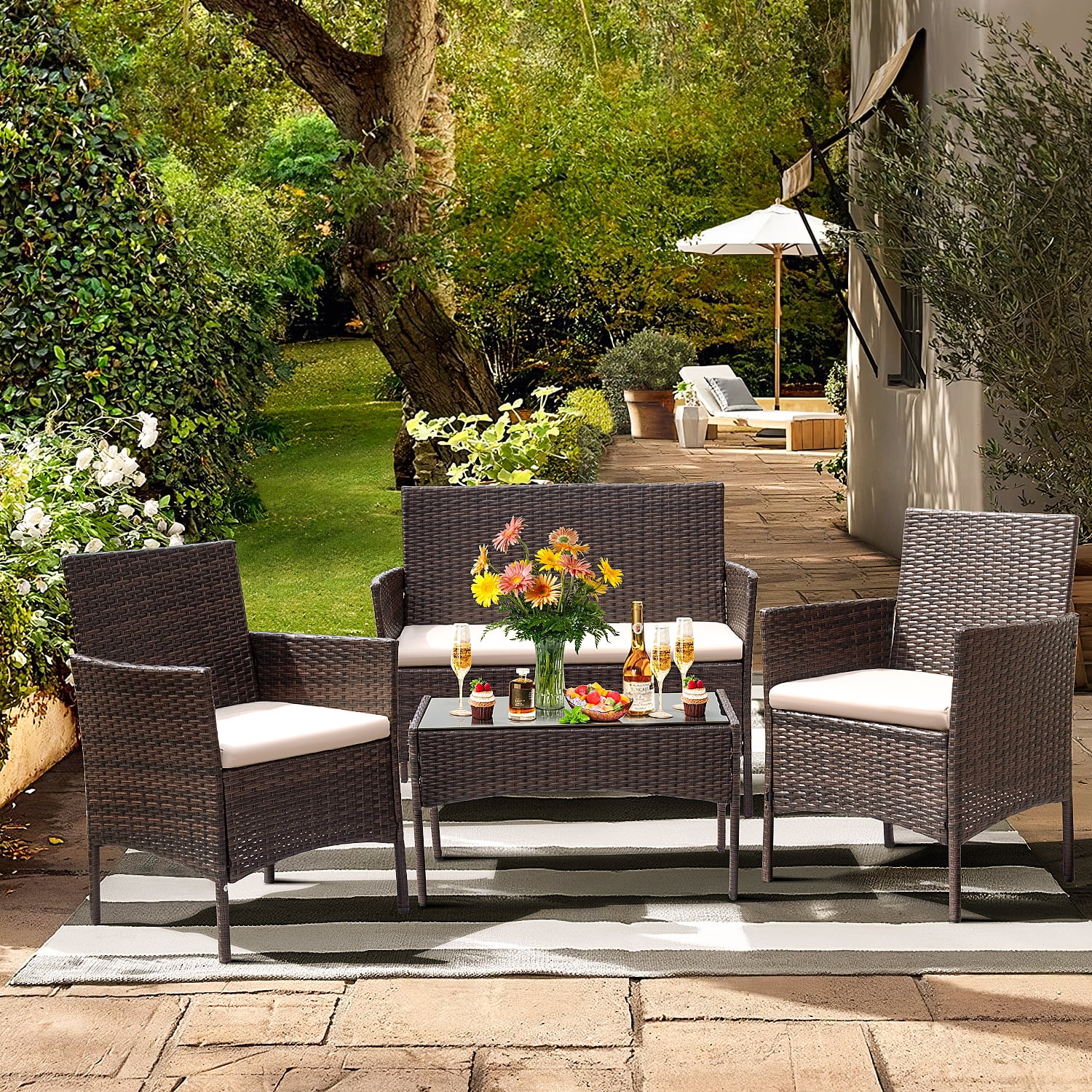 4 Pieces Patio Conversation Set Outdoor PE Rattan Wicker Chairs Set and Table, Brown-Aldronix