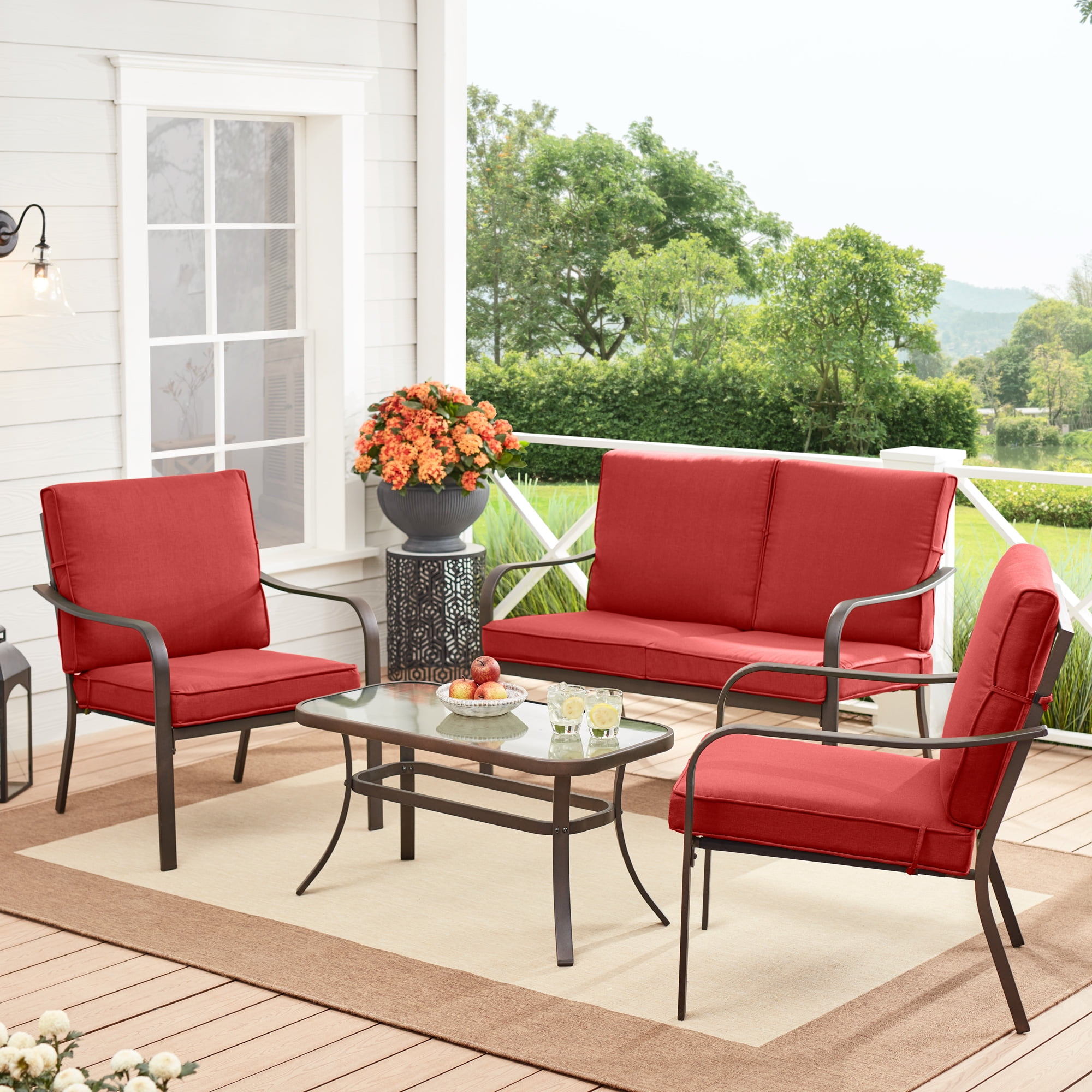Stanton 4-Piece Steel Outdoor Patio Conversation Set, Red-Aldronix