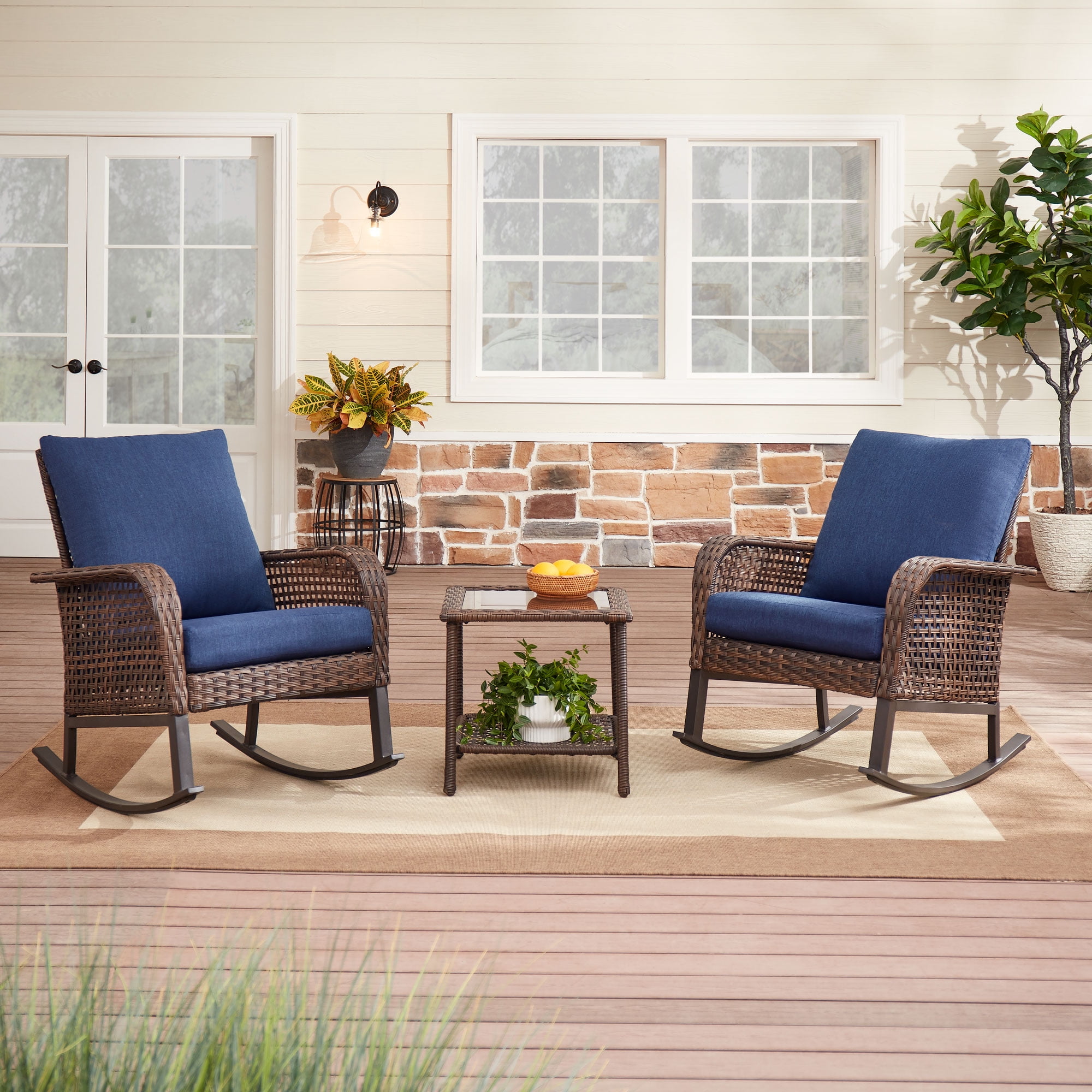 3-Piece Wicker Rocking Chair Outdoor Bistro Set, Blue-Aldronix