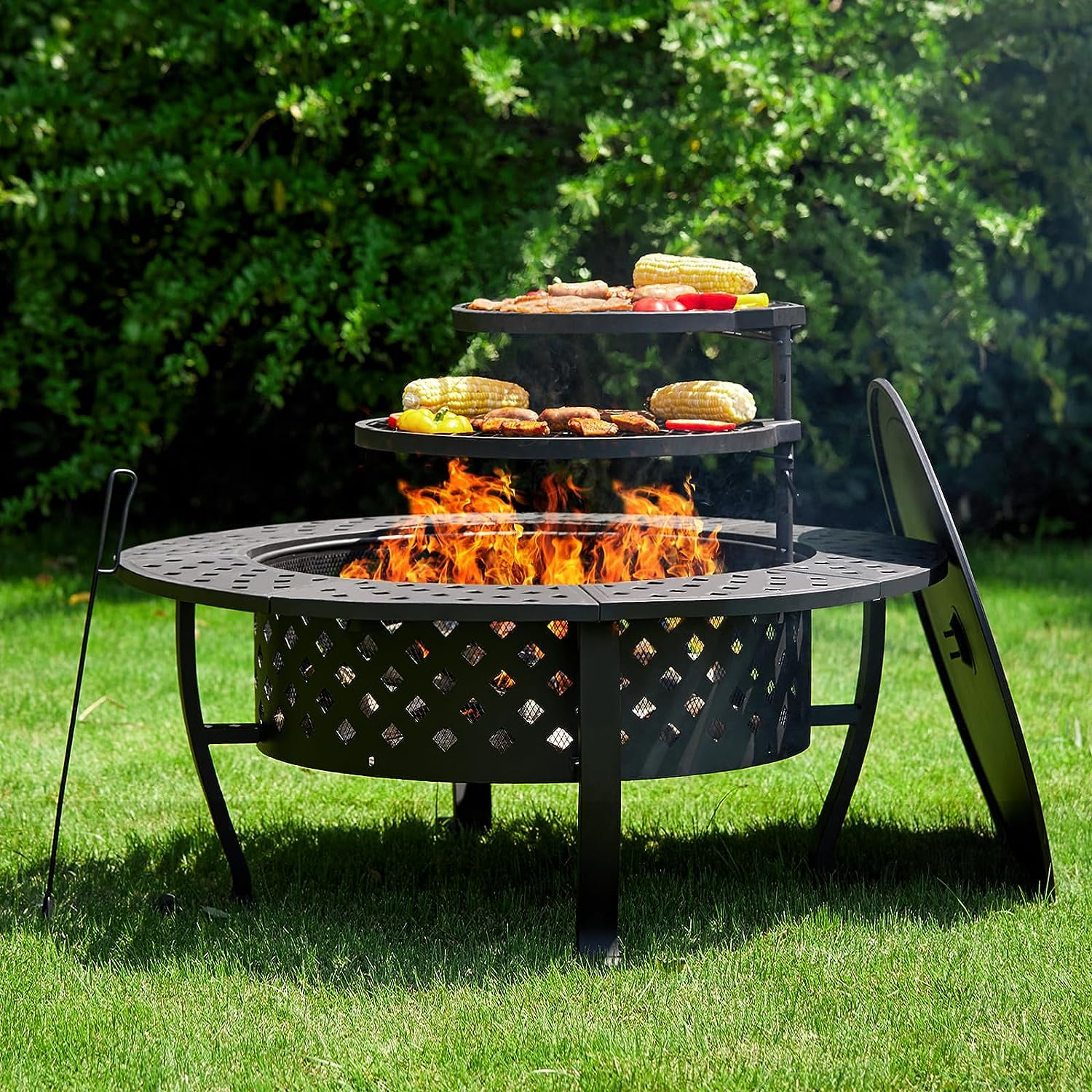 36 inch Fire Pit with 2 Grill with Lid for Outside, Papajet-Aldronix