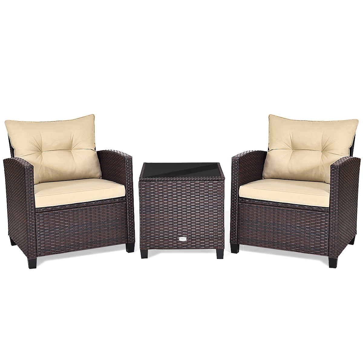 3 Pieces Wicker Cushioned Conversation Set Outdoor Rattan Furniture with Turquoise Cushions-Aldronix