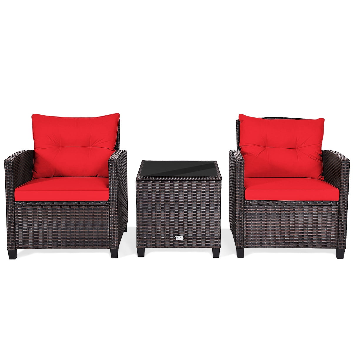 3 Pieces Wicker Cushioned Conversation Set Outdoor Rattan Furniture with Turquoise Cushions-Aldronix