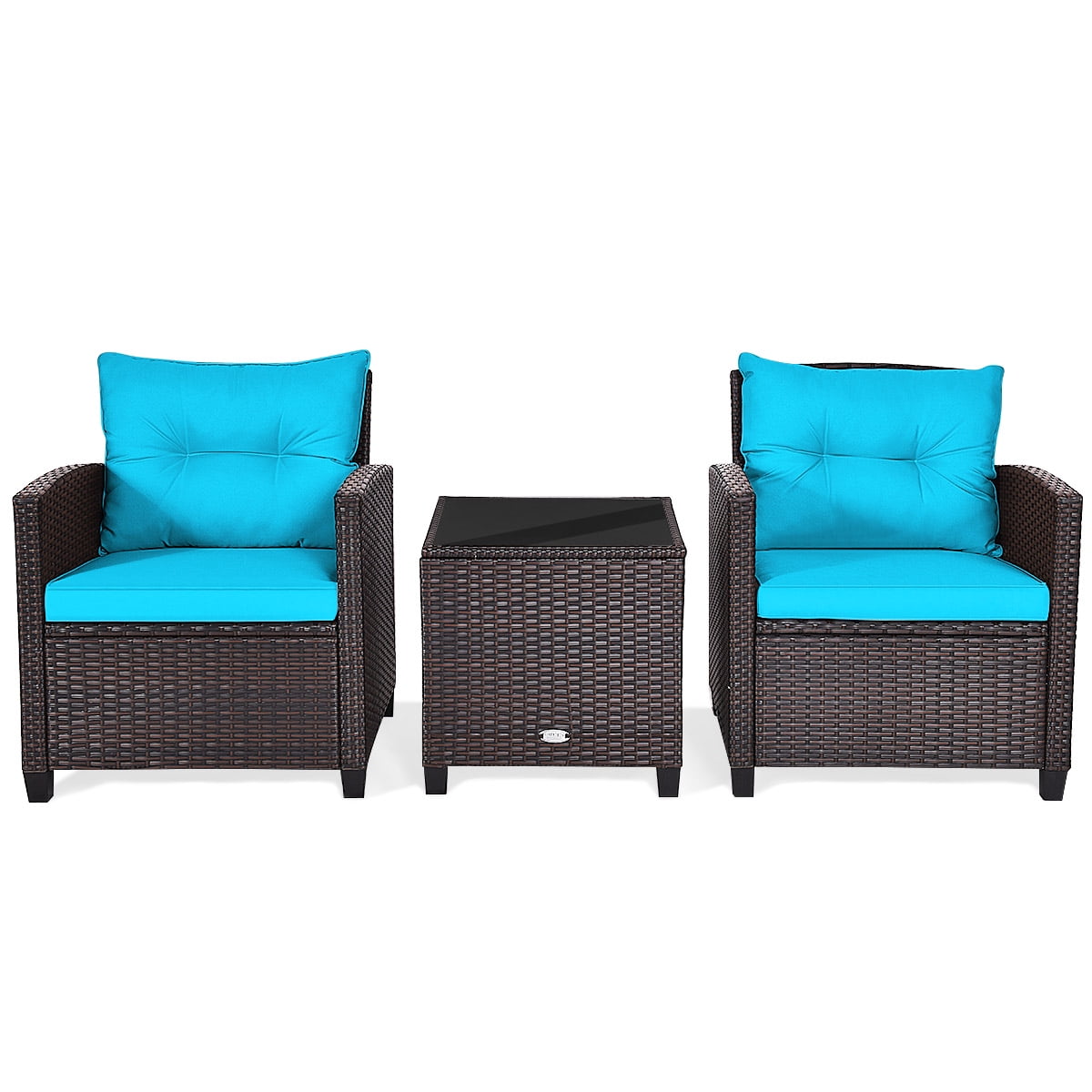 3 Pieces Wicker Cushioned Conversation Set Outdoor Rattan Furniture with Turquoise Cushions-Aldronix