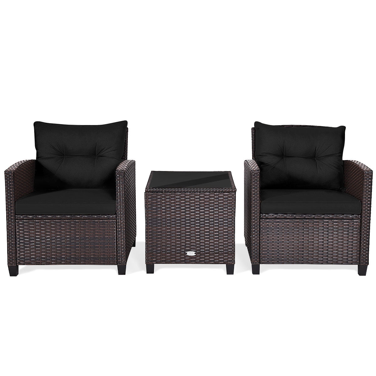 3 Pieces Wicker Cushioned Conversation Set Outdoor Rattan Furniture with Turquoise Cushions-Aldronix