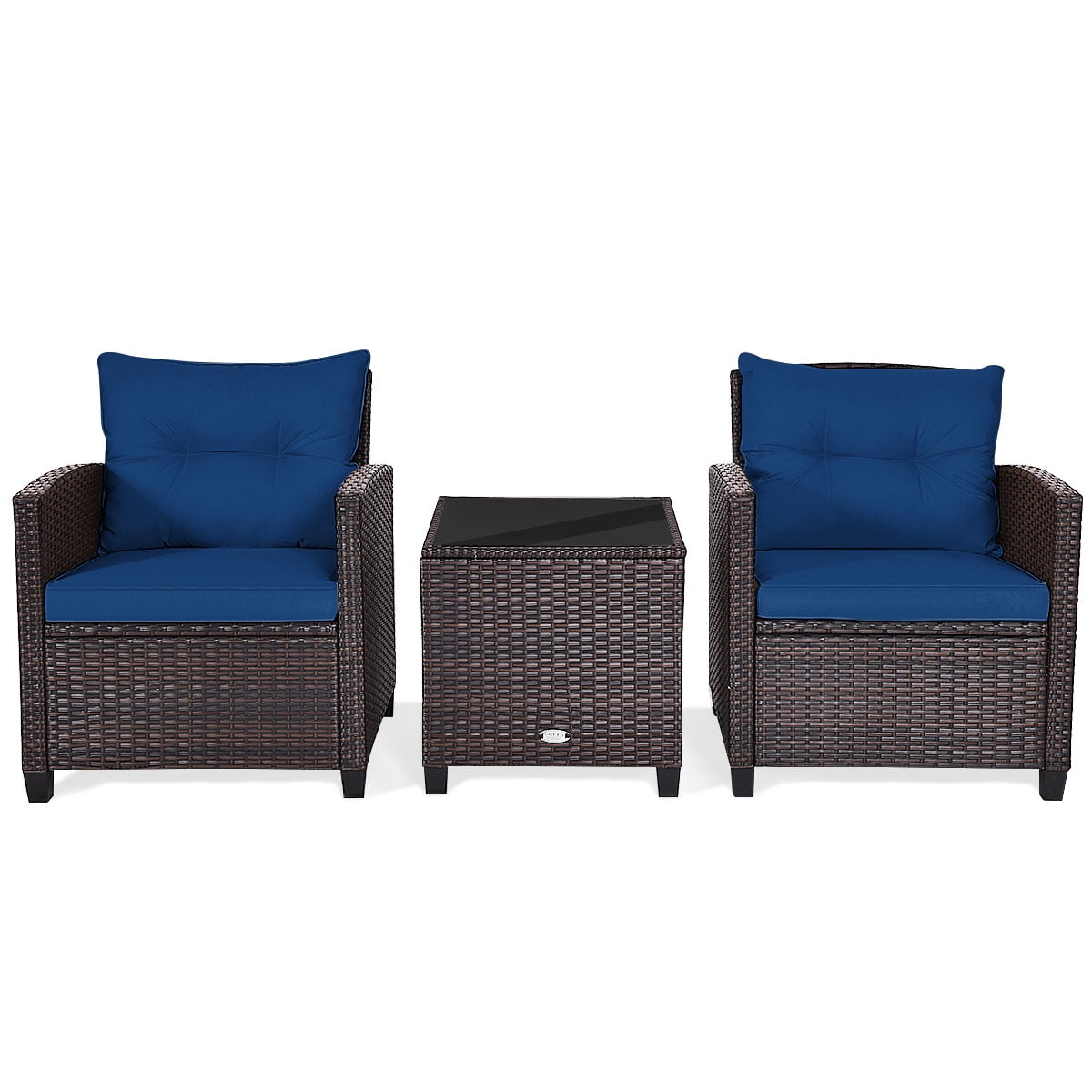 3 Pieces Wicker Cushioned Conversation Set Outdoor Rattan Furniture with Turquoise Cushions-Aldronix