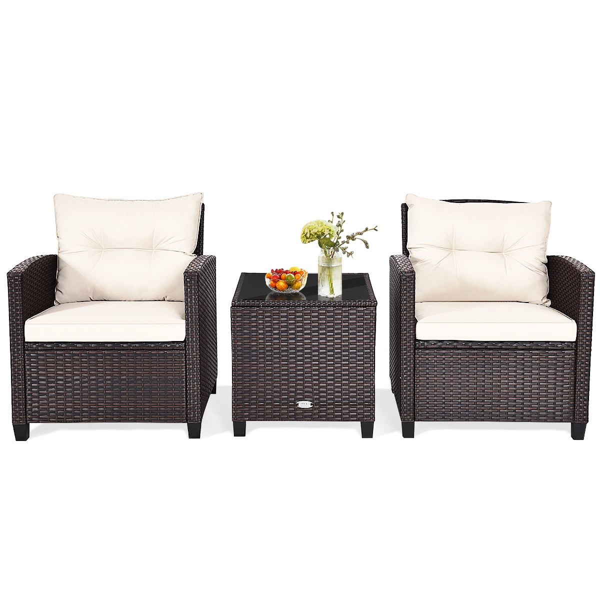 3 Pieces Wicker Cushioned Conversation Set Outdoor Rattan Furniture with Turquoise Cushions-Aldronix
