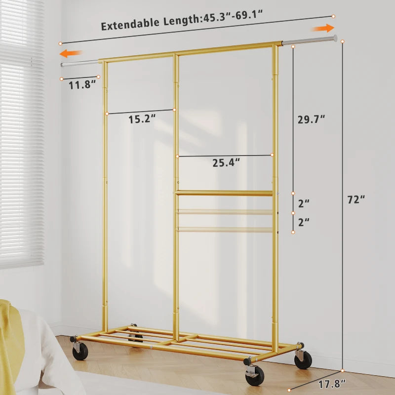 Rolling Clothes Rack, Heavy Duty with 410 lbs Capacity, Portable Double Rod Garment Rack for Hanging Clothes-Aldronix