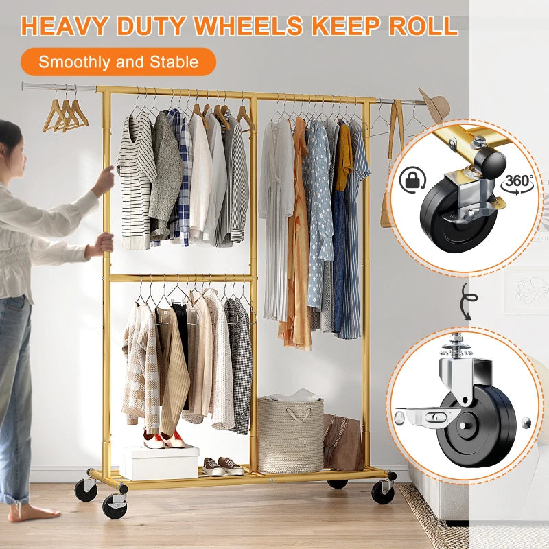 Rolling Clothes Rack, Heavy Duty with 410 lbs Capacity, Portable Double Rod Garment Rack for Hanging Clothes-Aldronix