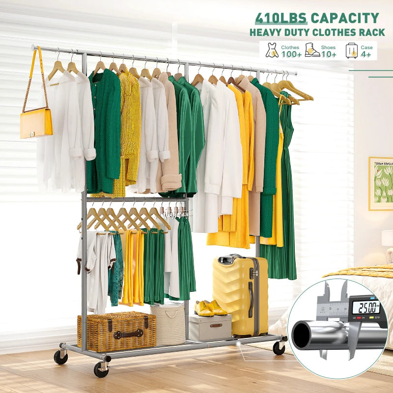 Rolling Clothes Rack, Heavy Duty with 410 lbs Capacity, Portable Double Rod Garment Rack for Hanging Clothes-Aldronix