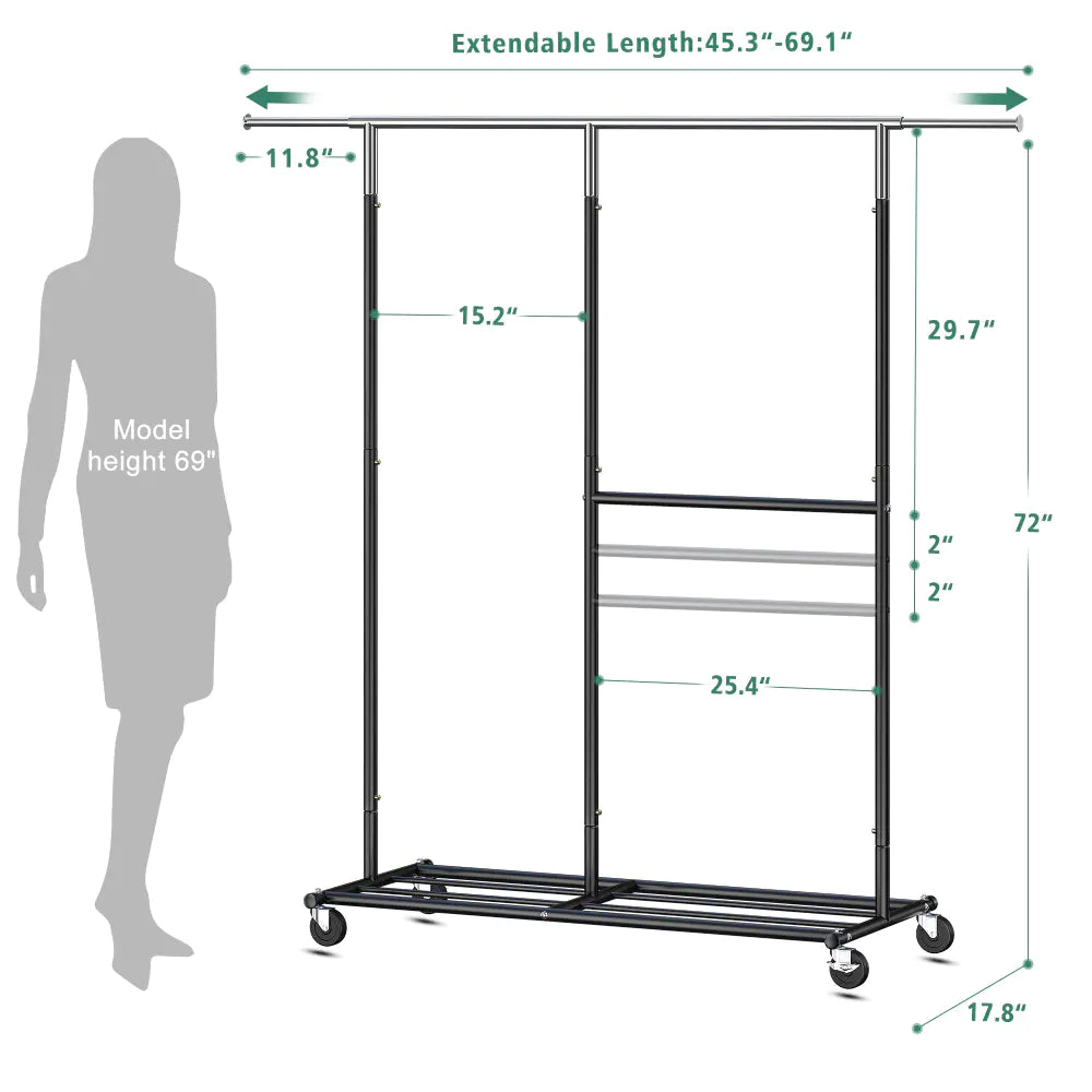 Rolling Clothes Rack, Heavy Duty with 410 lbs Capacity, Portable Double Rod Garment Rack for Hanging Clothes-Aldronix