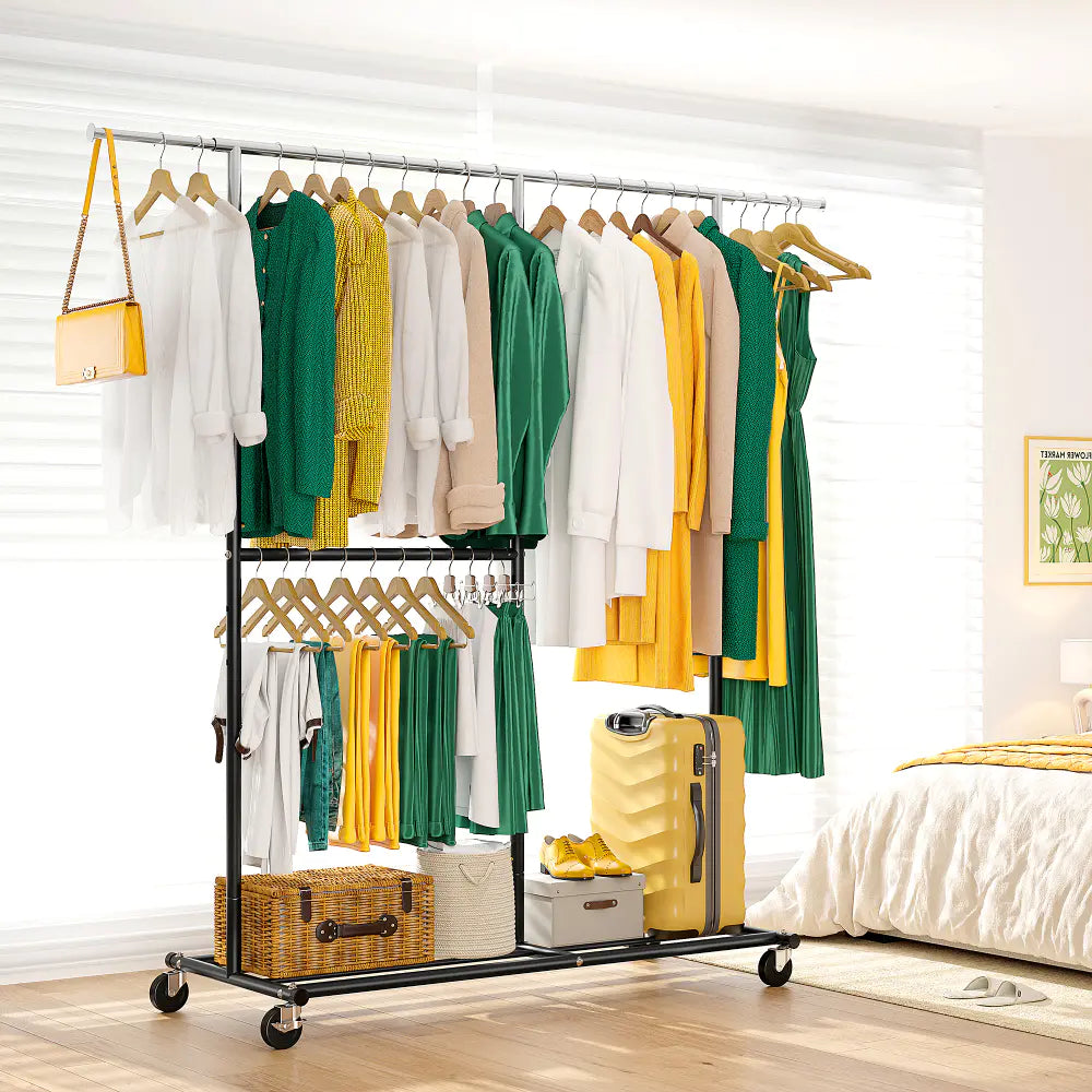 Rolling Clothes Rack, Heavy Duty with 410 lbs Capacity, Portable Double Rod Garment Rack for Hanging Clothes-Aldronix