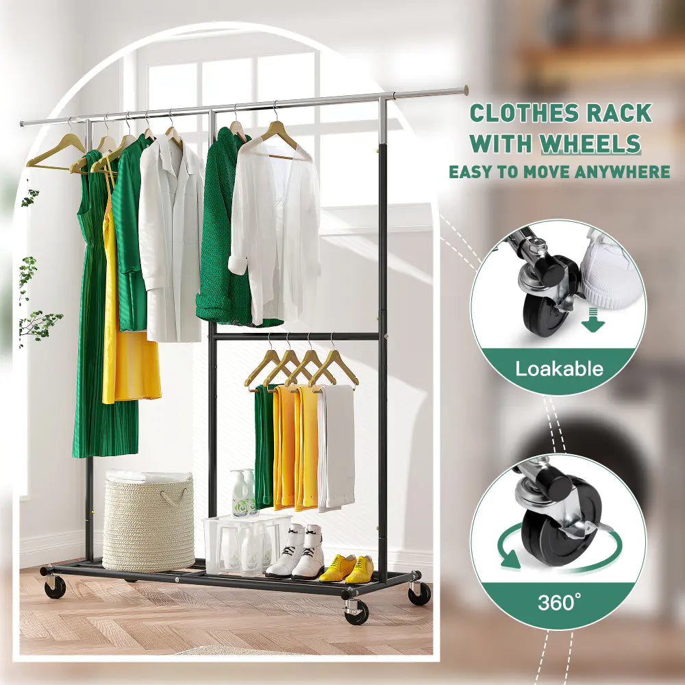 Rolling Clothes Rack, Heavy Duty with 410 lbs Capacity, Portable Double Rod Garment Rack for Hanging Clothes-Aldronix