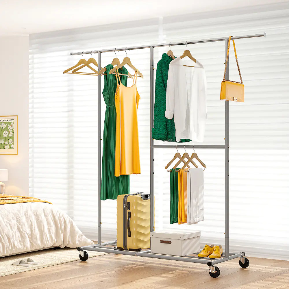 Rolling Clothes Rack, Heavy Duty with 410 lbs Capacity, Portable Double Rod Garment Rack for Hanging Clothes-Aldronix