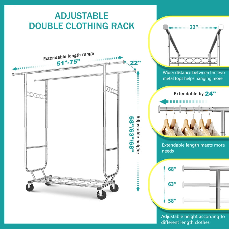 600 LBS Commercial Metal Clothing Rack Double Rolling Hanging Clothes Rack for Bedroom-Aldronix
