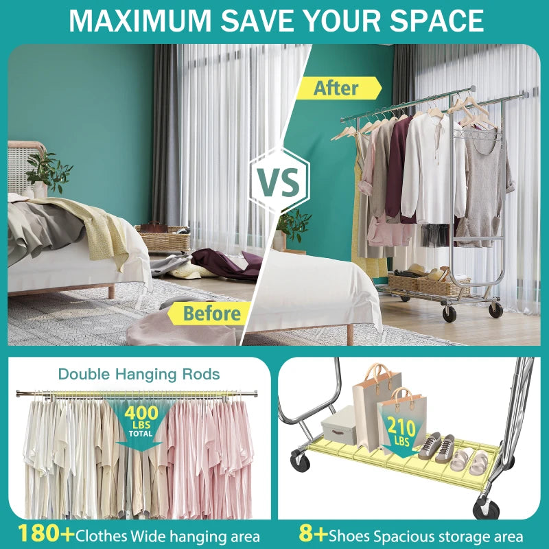 600 LBS Commercial Metal Clothing Rack Double Rolling Hanging Clothes Rack for Bedroom-Aldronix
