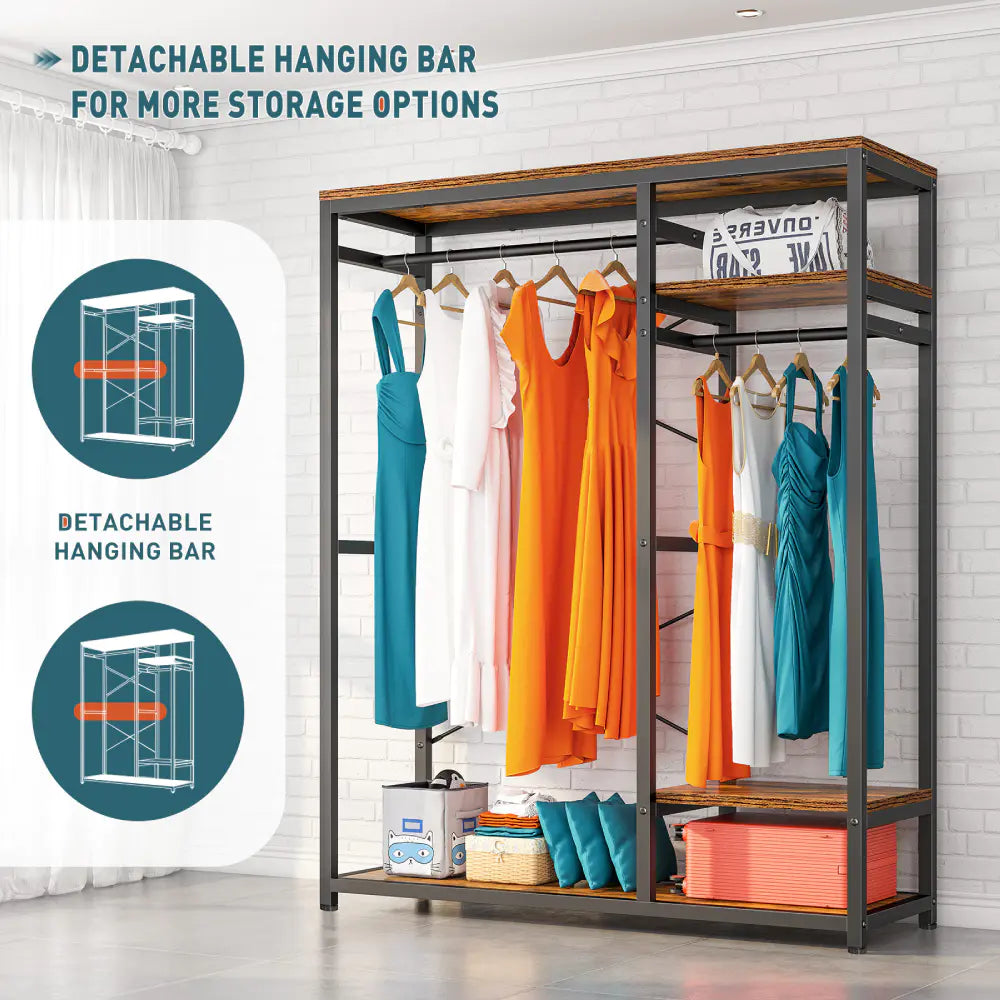 Freestanding Closet Organizer, Heavy Duty Clothes Rack, Metal & Wood Garment Rack with Hanging Rod-Aldronix