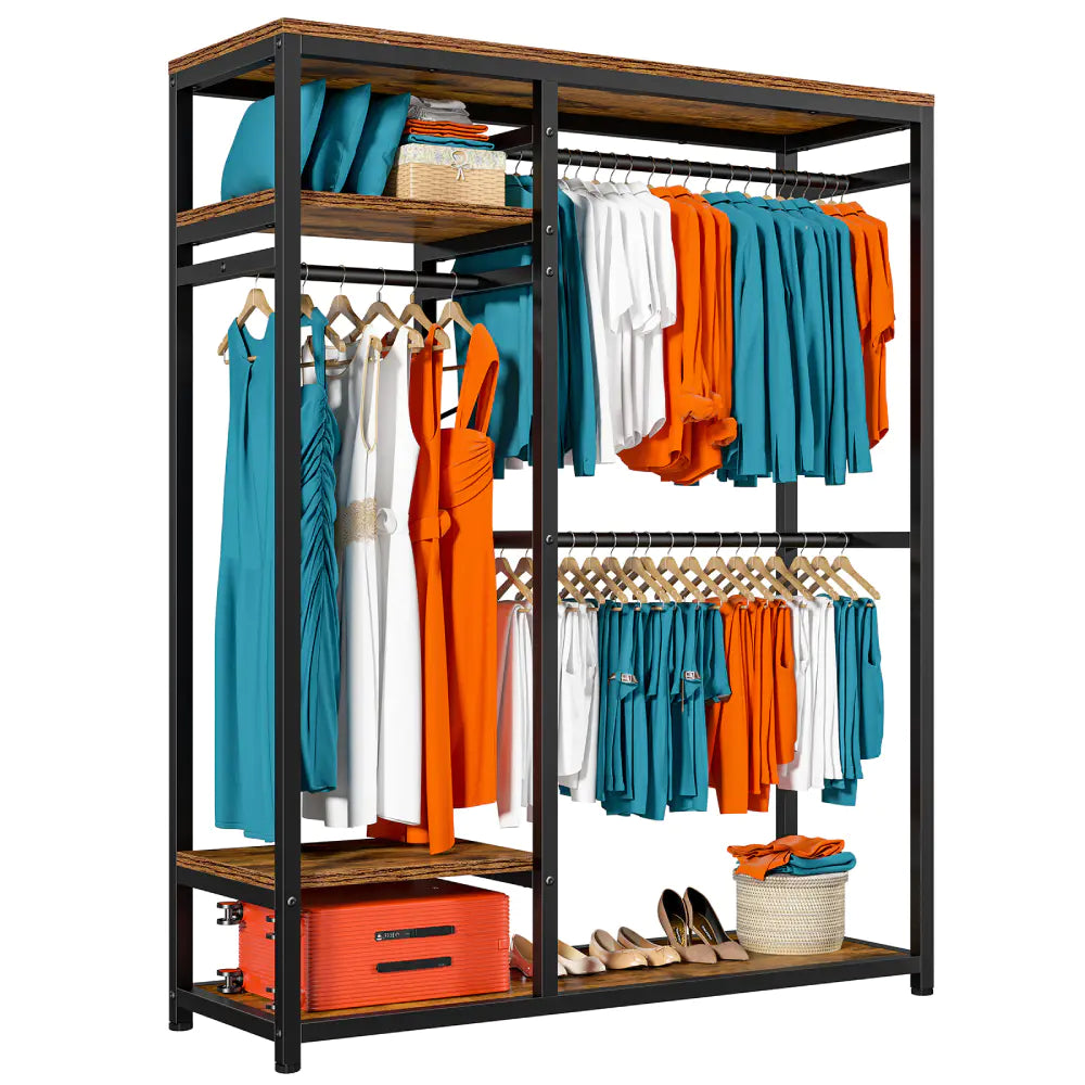 Freestanding Closet Organizer, Heavy Duty Clothes Rack, Metal & Wood Garment Rack with Hanging Rod-Aldronix