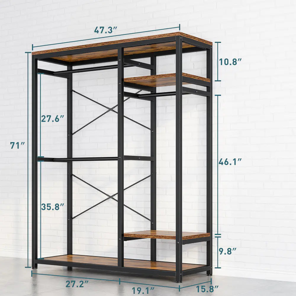 Freestanding Closet Organizer, Heavy Duty Clothes Rack, Metal & Wood Garment Rack with Hanging Rod-Aldronix