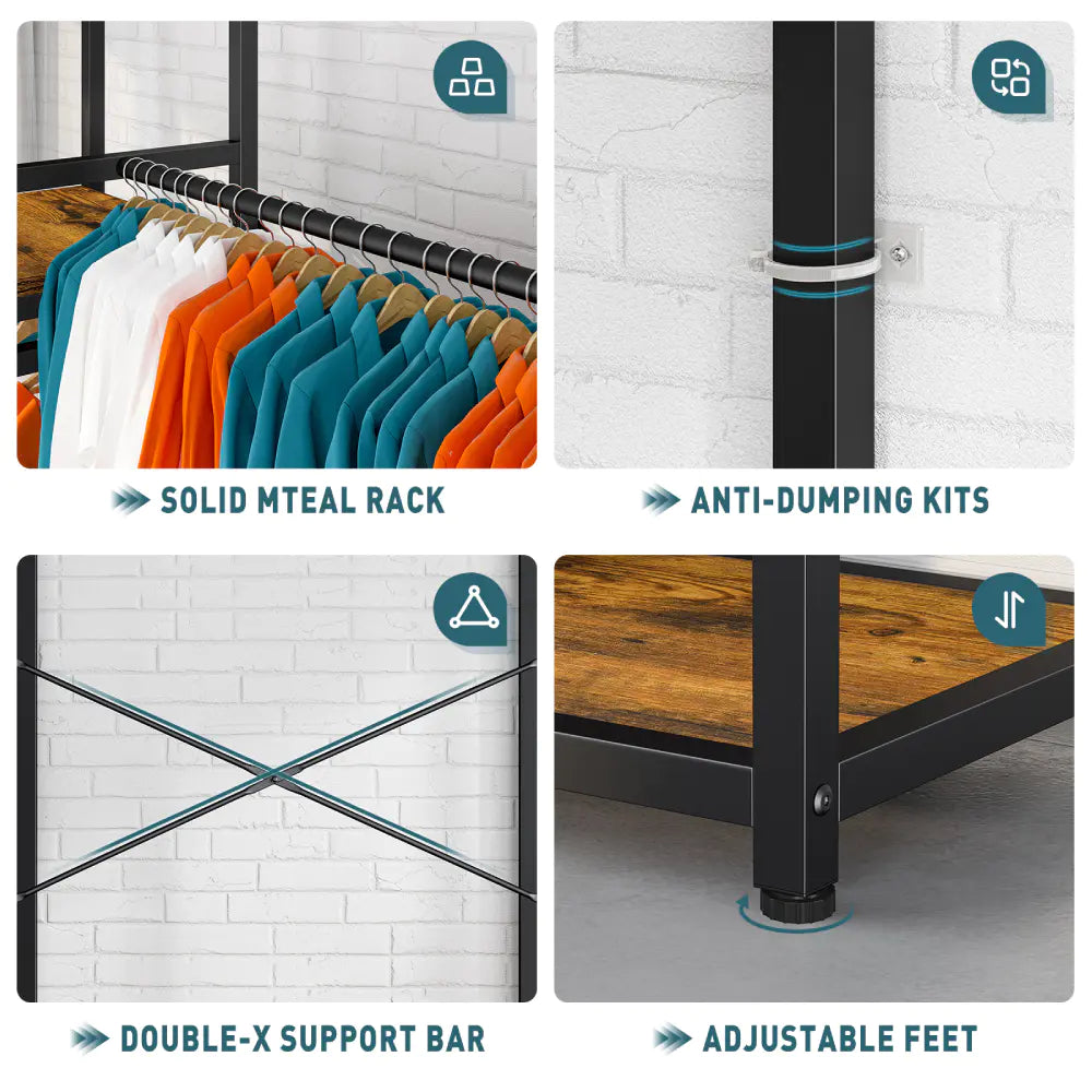 Freestanding Closet Organizer, Heavy Duty Clothes Rack, Metal & Wood Garment Rack with Hanging Rod-Aldronix