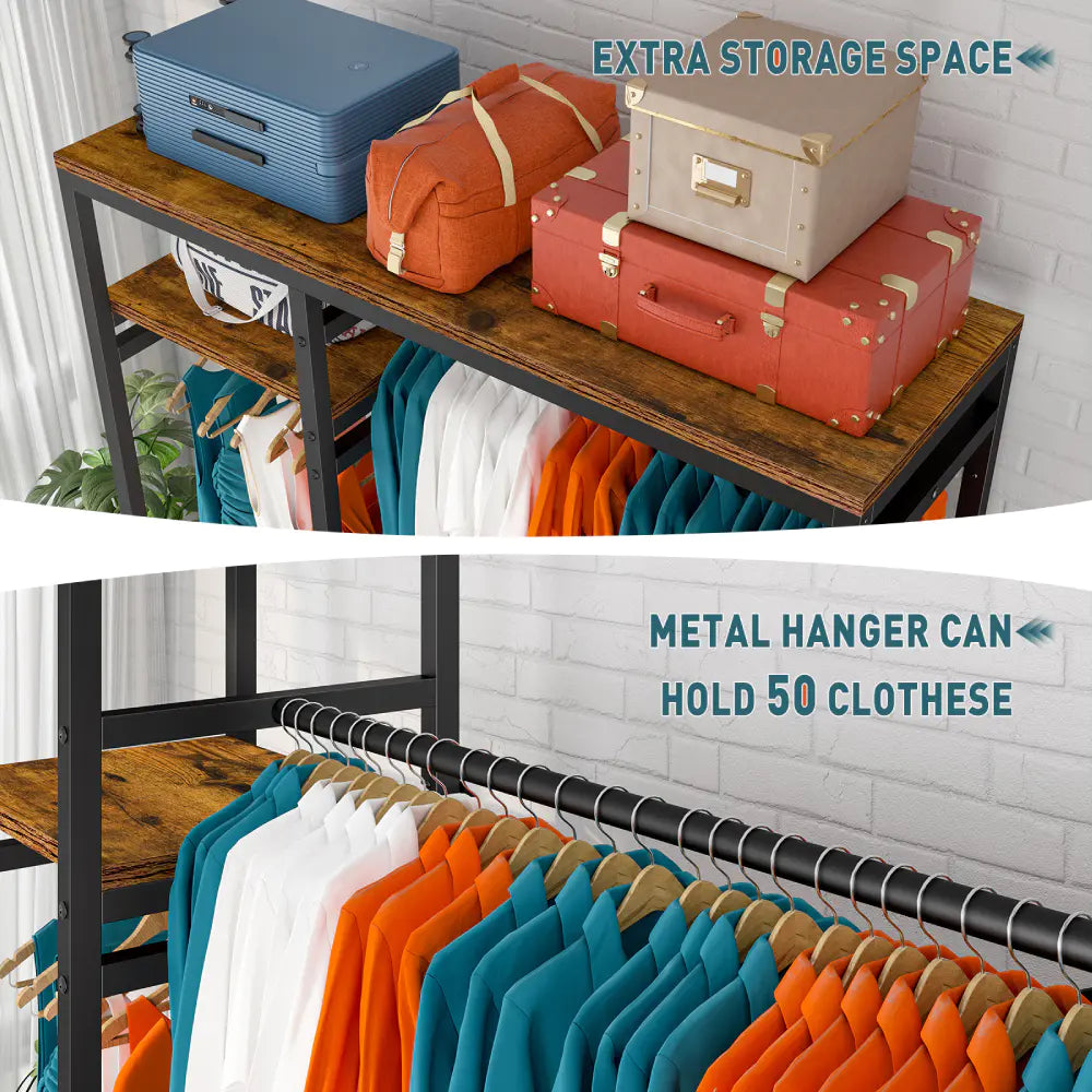 Freestanding Closet Organizer, Heavy Duty Clothes Rack, Metal & Wood Garment Rack with Hanging Rod-Aldronix