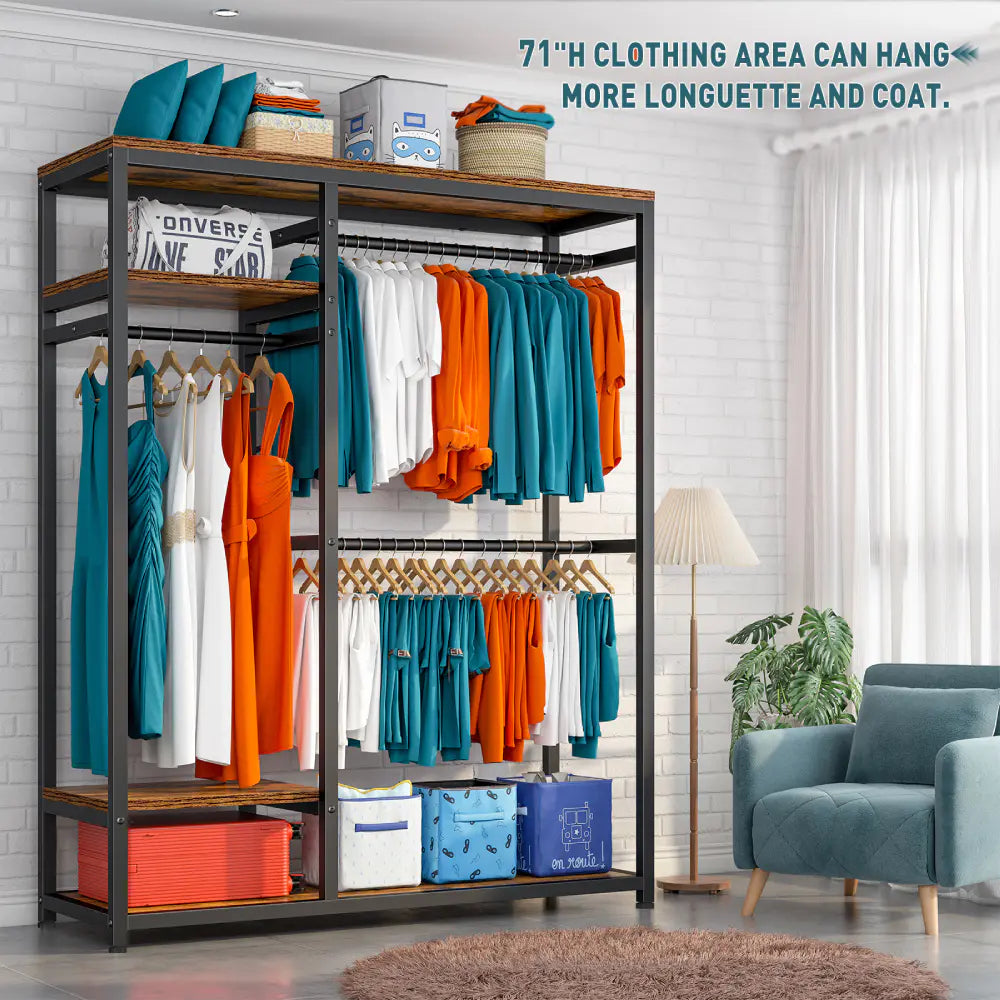 Freestanding Closet Organizer, Heavy Duty Clothes Rack, Metal & Wood Garment Rack with Hanging Rod-Aldronix