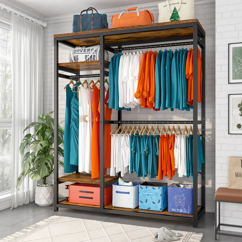 Freestanding Closet Organizer, Heavy Duty Clothes Rack, Metal & Wood Garment Rack with Hanging Rod-Aldronix