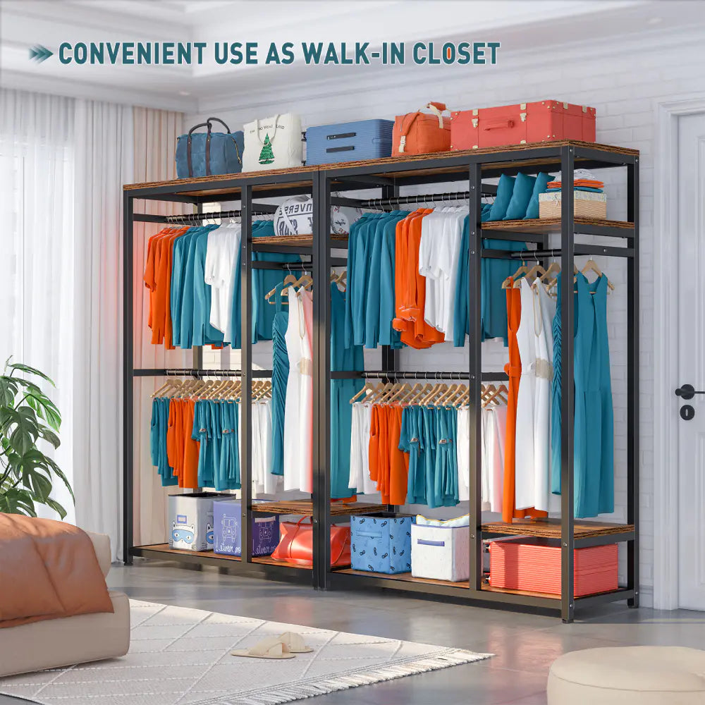 Freestanding Closet Organizer, Heavy Duty Clothes Rack, Metal & Wood Garment Rack with Hanging Rod-Aldronix