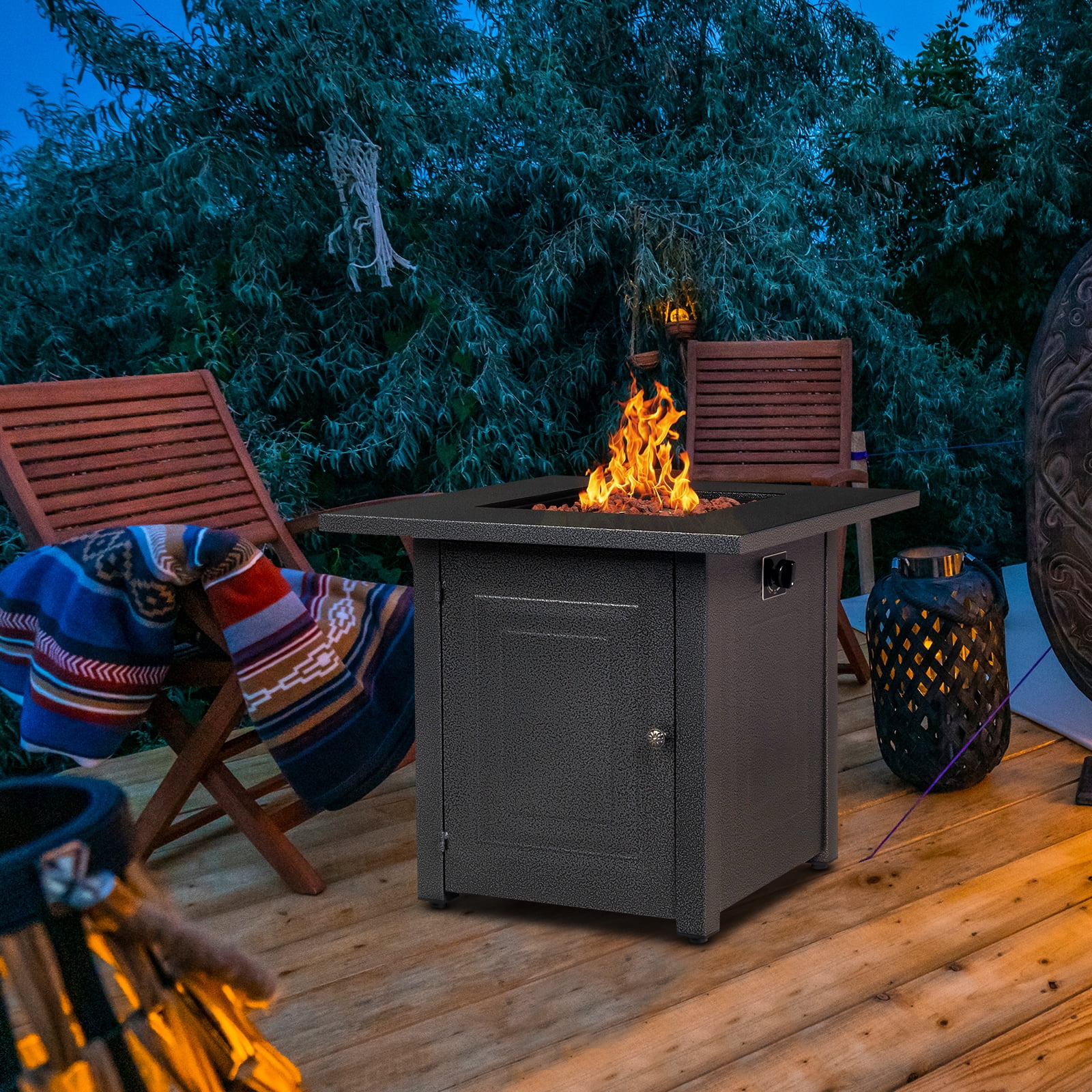 Square Propane Fire Pit Table, Outdoor Gas Fire Pit Table with Lava Rocks and Lid, Gas Heater for Bonfire Patio Garden Backyard, 28-Inch 50,000 BTU Auto-Ignition Fire Table, CSA Certification-Aldronix