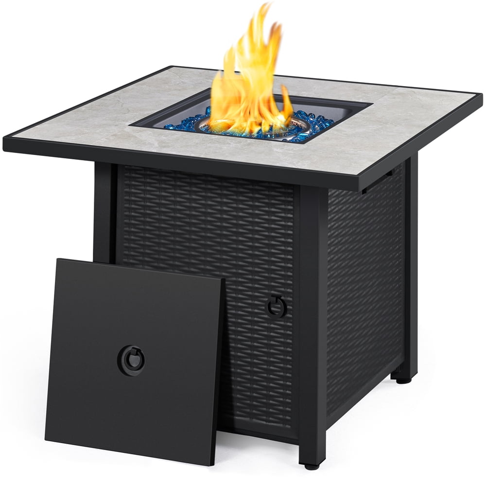 30'' Outdoor Square Propane Fire Pit Table 50,000 BTU Gas w/ Ceramic Rattan Pattern Steel Base Glass Black-Aldronix