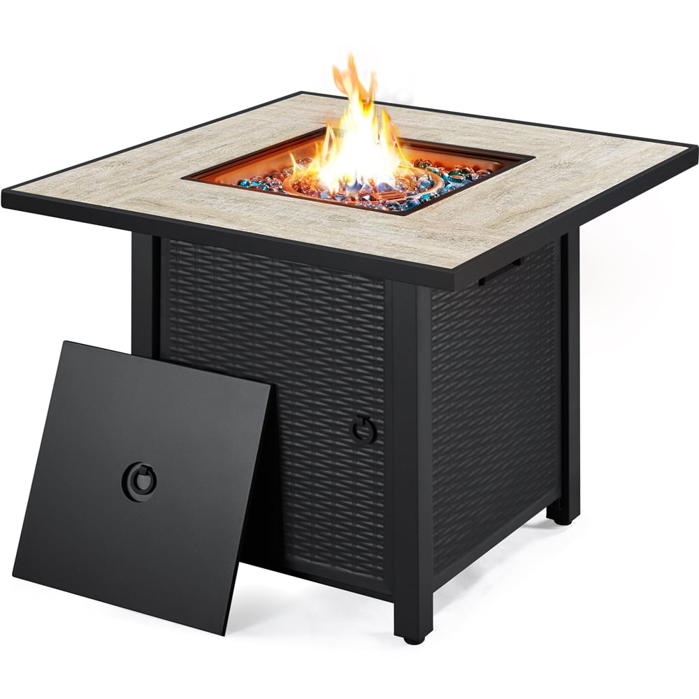 30'' Outdoor Square Propane Fire Pit Table 50,000 BTU Gas w/ Ceramic Rattan Pattern Steel Base Glass Black-Aldronix