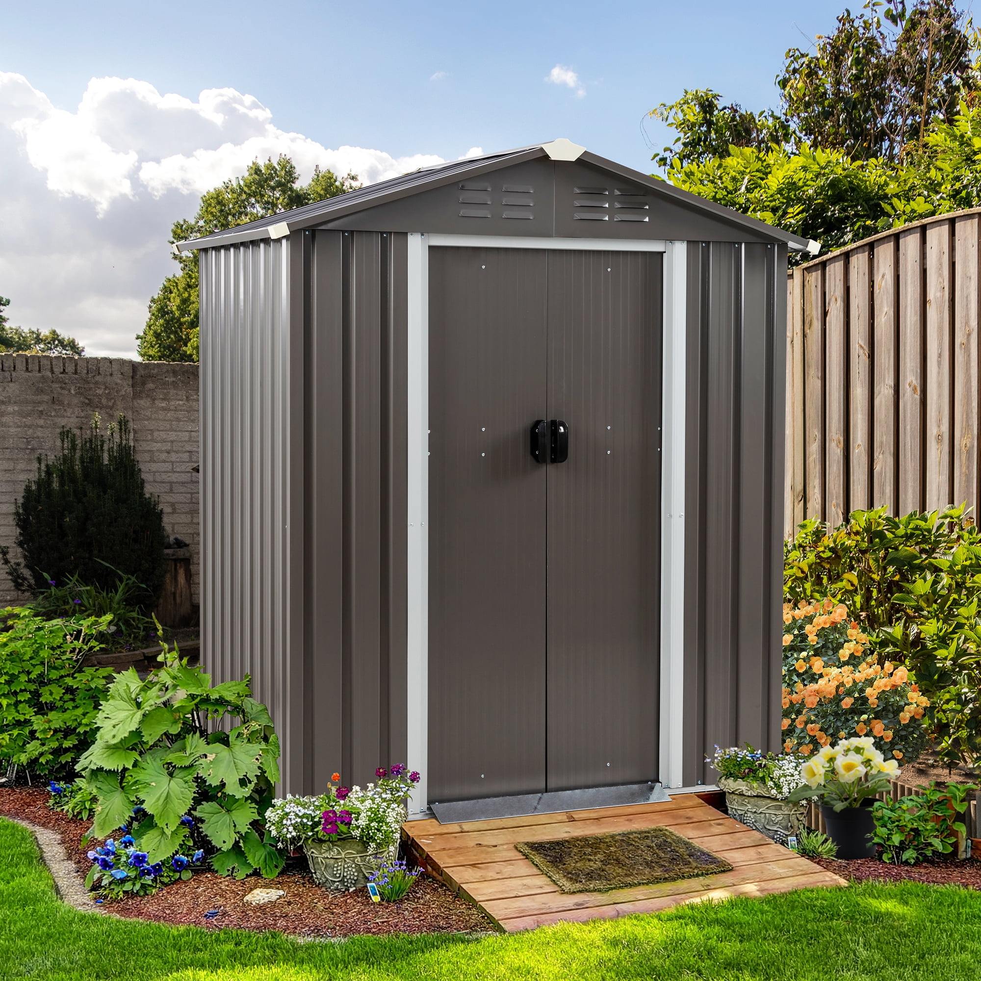 5X3 FT Outdoor Storage Shed,Waterproof Metal Garden Sheds with Lockable Double Door,Weather Resistant Steel Tool Storage House Shed Grey-Aldronix