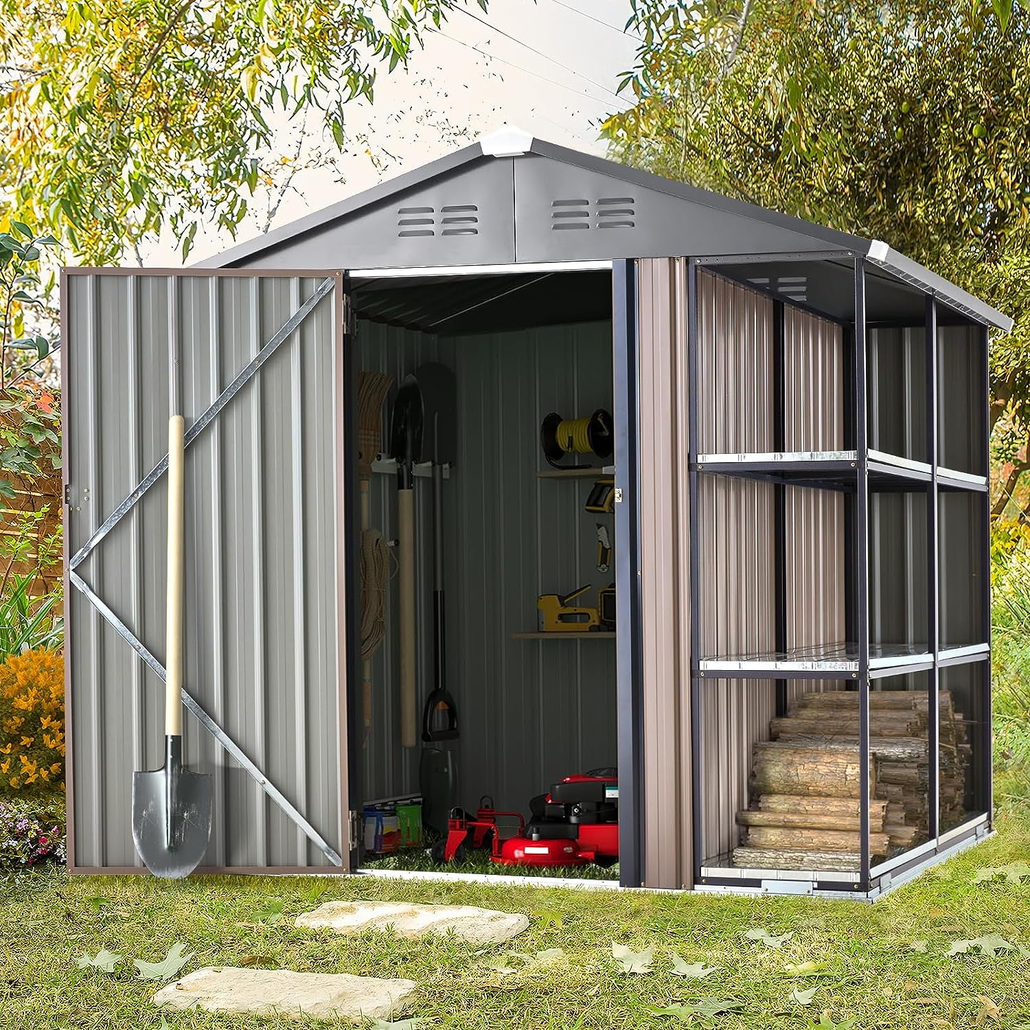 6' x 6' Outdoor Storage Shed with Rack & Shelves Metal Utility Tool Shed for Backyard & Garden-Aldronix